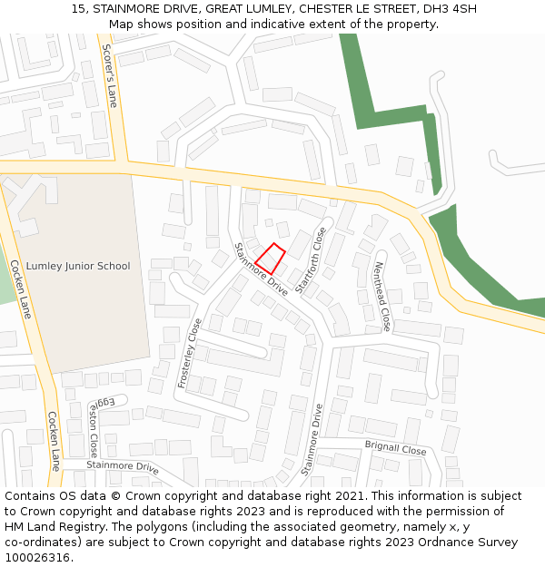 15, STAINMORE DRIVE, GREAT LUMLEY, CHESTER LE STREET, DH3 4SH: Location map and indicative extent of plot