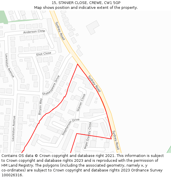 15, STANIER CLOSE, CREWE, CW1 5GP: Location map and indicative extent of plot