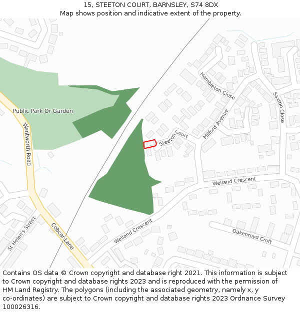 15, STEETON COURT, BARNSLEY, S74 8DX: Location map and indicative extent of plot