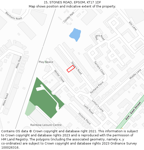 15, STONES ROAD, EPSOM, KT17 1DF: Location map and indicative extent of plot