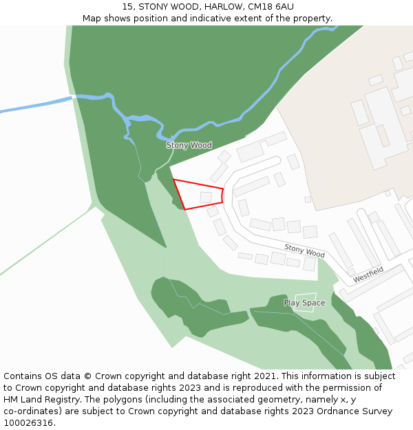 15, STONY WOOD, HARLOW, CM18 6AU: Location map and indicative extent of plot
