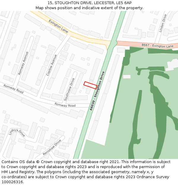 15, STOUGHTON DRIVE, LEICESTER, LE5 6AP: Location map and indicative extent of plot