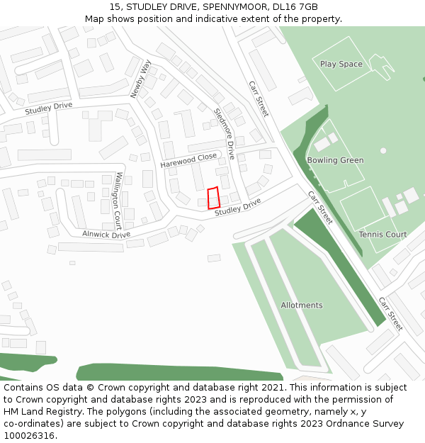 15, STUDLEY DRIVE, SPENNYMOOR, DL16 7GB: Location map and indicative extent of plot