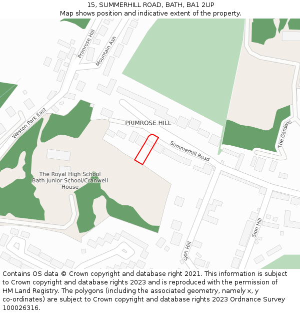 15, SUMMERHILL ROAD, BATH, BA1 2UP: Location map and indicative extent of plot