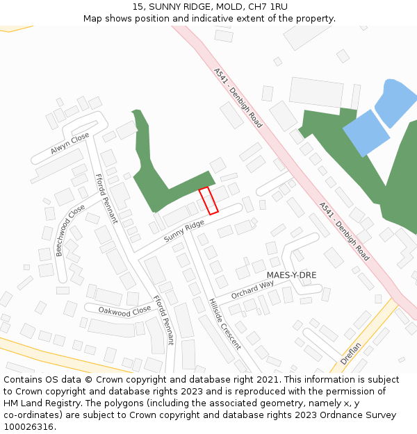 15, SUNNY RIDGE, MOLD, CH7 1RU: Location map and indicative extent of plot