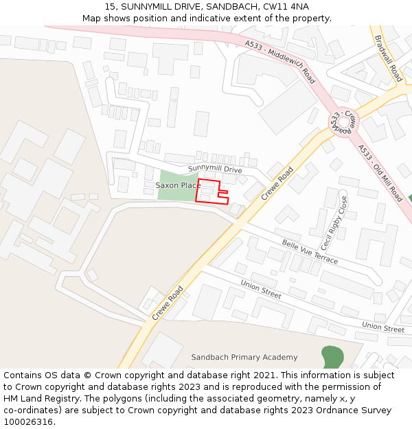 15, SUNNYMILL DRIVE, SANDBACH, CW11 4NA: Location map and indicative extent of plot