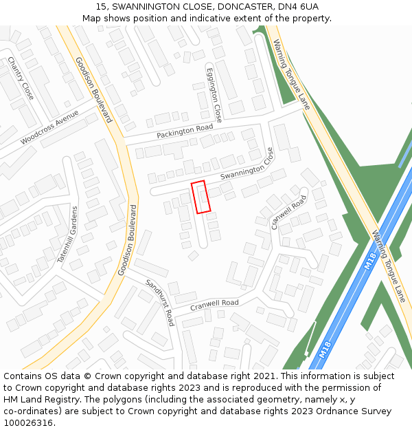 15, SWANNINGTON CLOSE, DONCASTER, DN4 6UA: Location map and indicative extent of plot