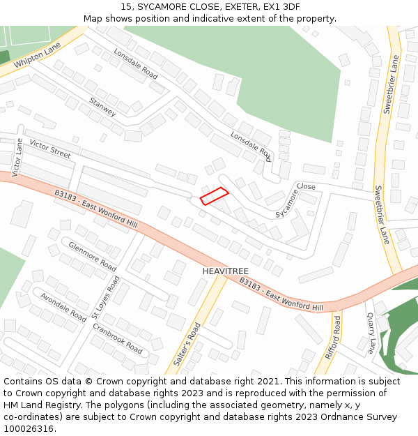 15, SYCAMORE CLOSE, EXETER, EX1 3DF: Location map and indicative extent of plot