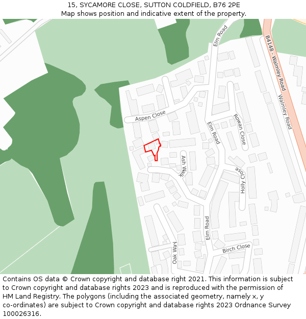 15, SYCAMORE CLOSE, SUTTON COLDFIELD, B76 2PE: Location map and indicative extent of plot
