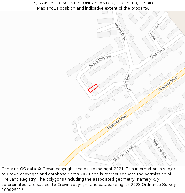 15, TANSEY CRESCENT, STONEY STANTON, LEICESTER, LE9 4BT: Location map and indicative extent of plot