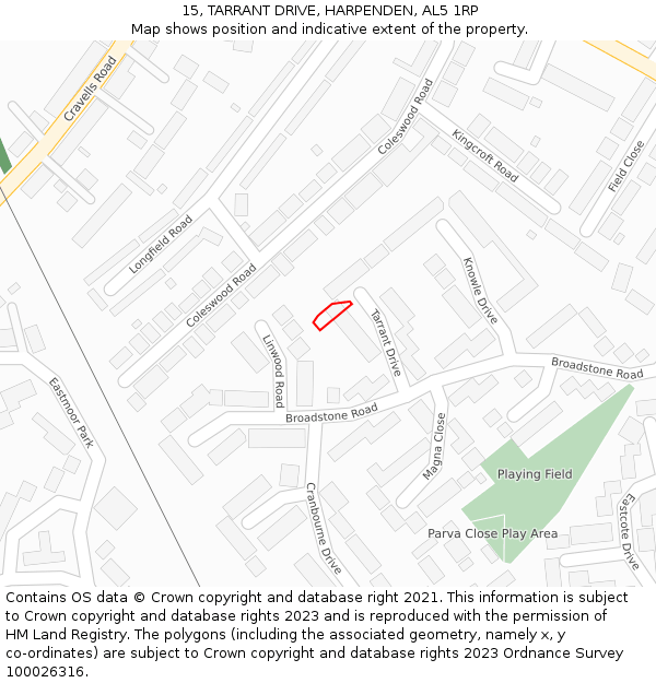 15, TARRANT DRIVE, HARPENDEN, AL5 1RP: Location map and indicative extent of plot