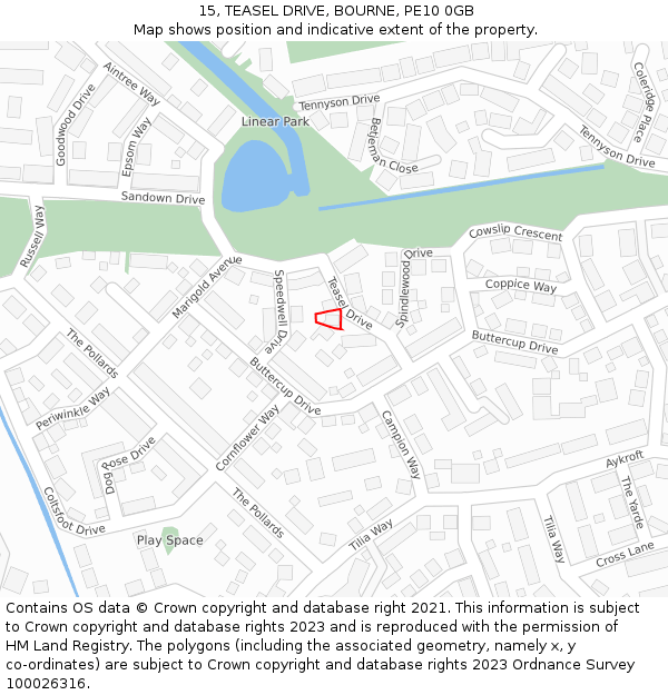 15, TEASEL DRIVE, BOURNE, PE10 0GB: Location map and indicative extent of plot