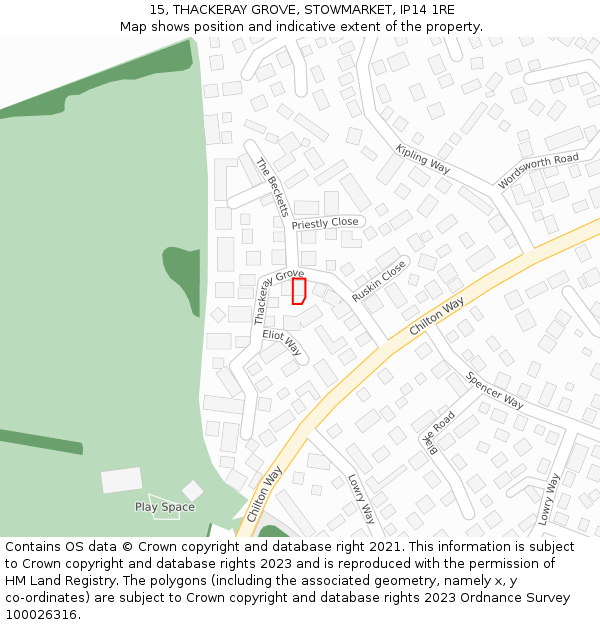 15, THACKERAY GROVE, STOWMARKET, IP14 1RE: Location map and indicative extent of plot