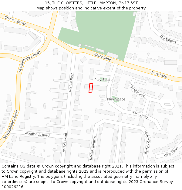 15, THE CLOISTERS, LITTLEHAMPTON, BN17 5ST: Location map and indicative extent of plot