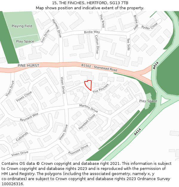 15, THE FINCHES, HERTFORD, SG13 7TB: Location map and indicative extent of plot