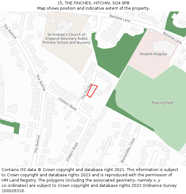 15, THE FINCHES, HITCHIN, SG4 9PB: Location map and indicative extent of plot