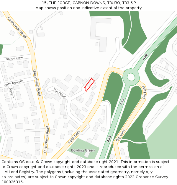 15, THE FORGE, CARNON DOWNS, TRURO, TR3 6JP: Location map and indicative extent of plot