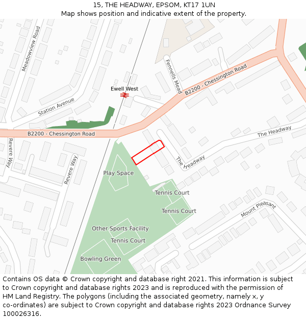 15, THE HEADWAY, EPSOM, KT17 1UN: Location map and indicative extent of plot