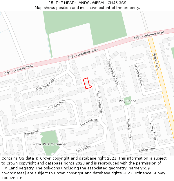 15, THE HEATHLANDS, WIRRAL, CH46 3SS: Location map and indicative extent of plot