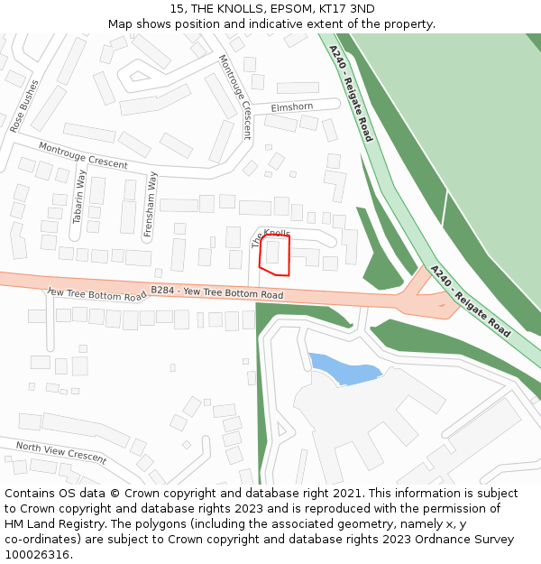 15, THE KNOLLS, EPSOM, KT17 3ND: Location map and indicative extent of plot