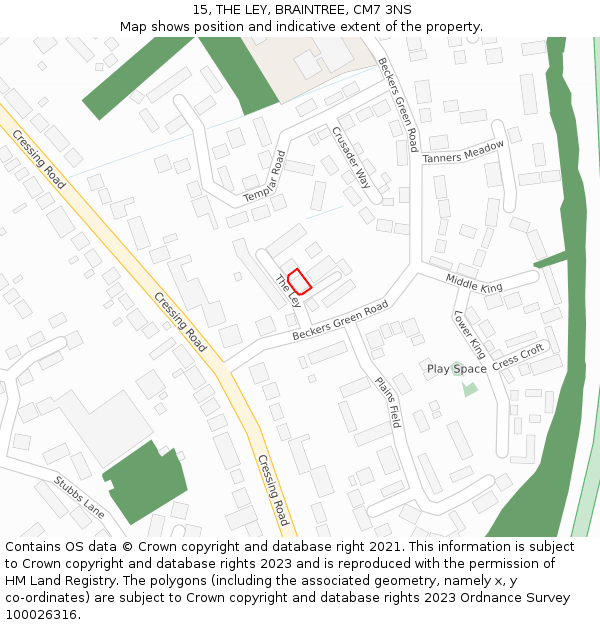 15, THE LEY, BRAINTREE, CM7 3NS: Location map and indicative extent of plot