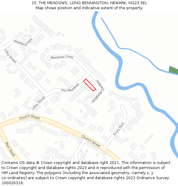 15, THE MEADOWS, LONG BENNINGTON, NEWARK, NG23 5EL: Location map and indicative extent of plot