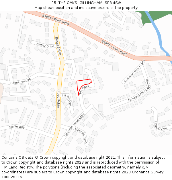 15, THE OAKS, GILLINGHAM, SP8 4SW: Location map and indicative extent of plot