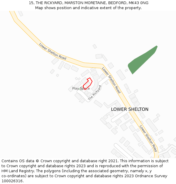 15, THE RICKYARD, MARSTON MORETAINE, BEDFORD, MK43 0NG: Location map and indicative extent of plot