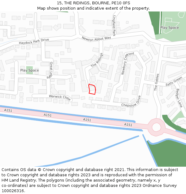 15, THE RIDINGS, BOURNE, PE10 0FS: Location map and indicative extent of plot