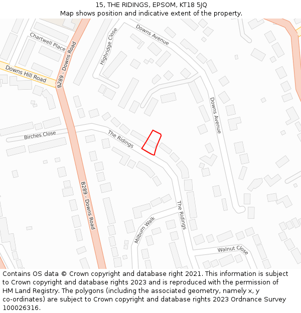 15, THE RIDINGS, EPSOM, KT18 5JQ: Location map and indicative extent of plot