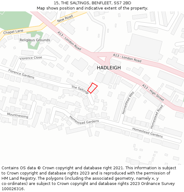 15, THE SALTINGS, BENFLEET, SS7 2BD: Location map and indicative extent of plot