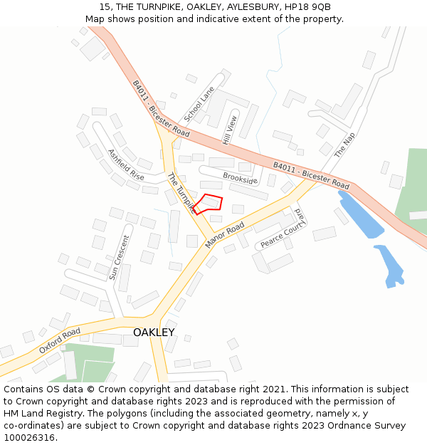 15, THE TURNPIKE, OAKLEY, AYLESBURY, HP18 9QB: Location map and indicative extent of plot