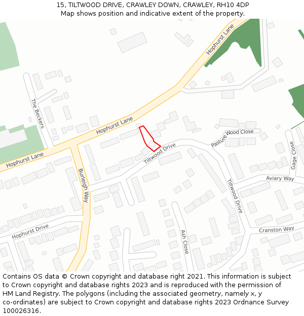 15, TILTWOOD DRIVE, CRAWLEY DOWN, CRAWLEY, RH10 4DP: Location map and indicative extent of plot