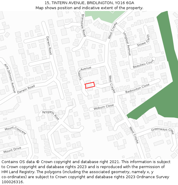 15, TINTERN AVENUE, BRIDLINGTON, YO16 6GA: Location map and indicative extent of plot