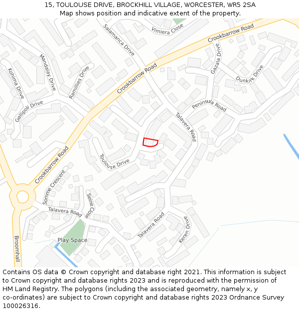 15, TOULOUSE DRIVE, BROCKHILL VILLAGE, WORCESTER, WR5 2SA: Location map and indicative extent of plot