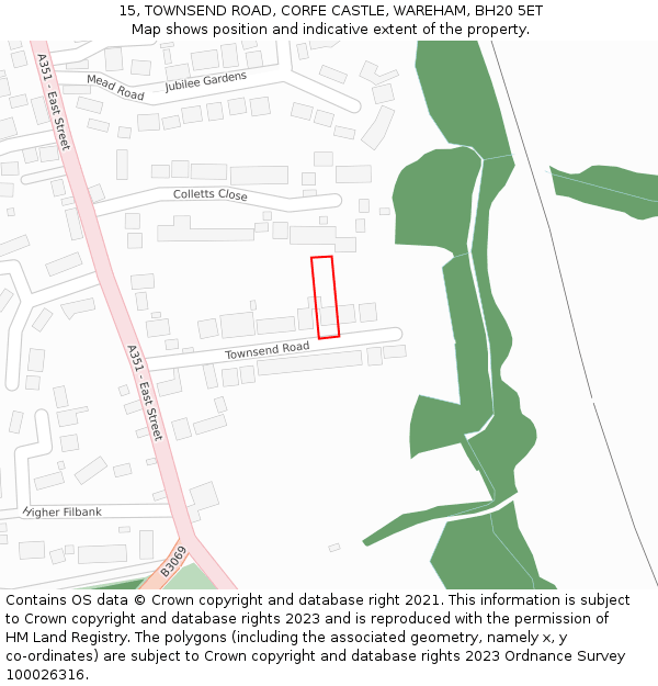 15, TOWNSEND ROAD, CORFE CASTLE, WAREHAM, BH20 5ET: Location map and indicative extent of plot