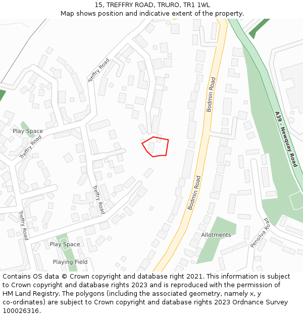 15, TREFFRY ROAD, TRURO, TR1 1WL: Location map and indicative extent of plot