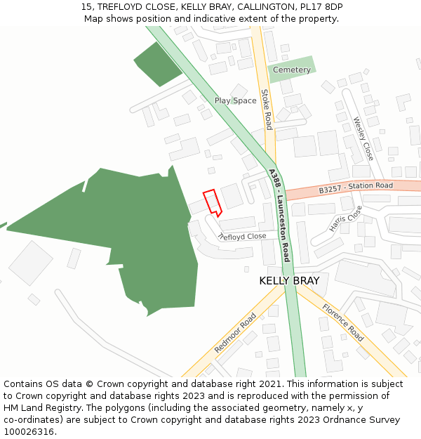 15, TREFLOYD CLOSE, KELLY BRAY, CALLINGTON, PL17 8DP: Location map and indicative extent of plot