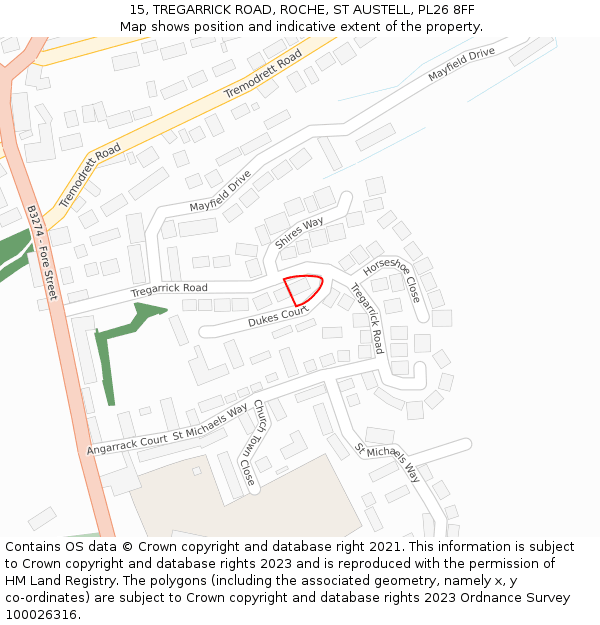 15, TREGARRICK ROAD, ROCHE, ST AUSTELL, PL26 8FF: Location map and indicative extent of plot