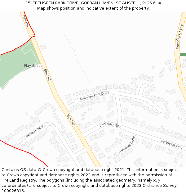 15, TRELISPEN PARK DRIVE, GORRAN HAVEN, ST AUSTELL, PL26 6HX: Location map and indicative extent of plot