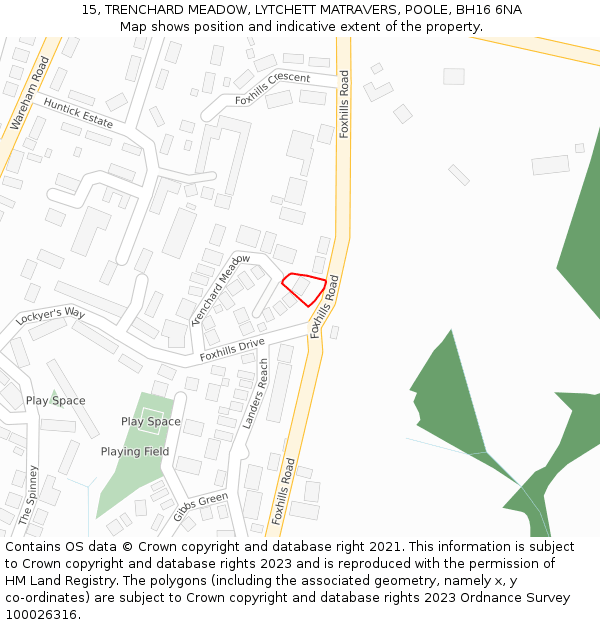 15, TRENCHARD MEADOW, LYTCHETT MATRAVERS, POOLE, BH16 6NA: Location map and indicative extent of plot