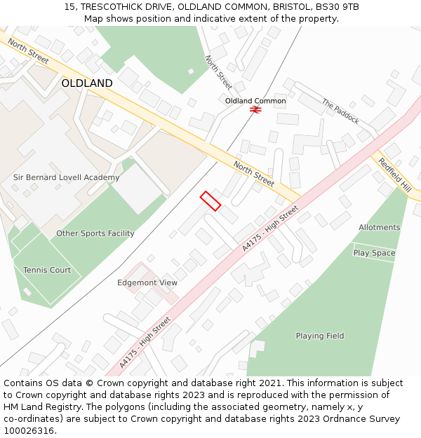 15, TRESCOTHICK DRIVE, OLDLAND COMMON, BRISTOL, BS30 9TB: Location map and indicative extent of plot