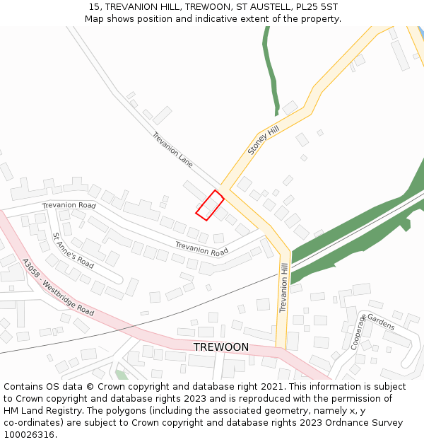 15, TREVANION HILL, TREWOON, ST AUSTELL, PL25 5ST: Location map and indicative extent of plot