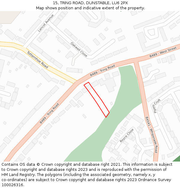 15, TRING ROAD, DUNSTABLE, LU6 2PX: Location map and indicative extent of plot