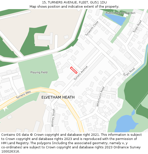 15, TURNERS AVENUE, FLEET, GU51 1DU: Location map and indicative extent of plot