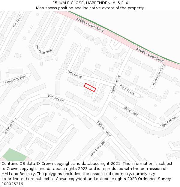 15, VALE CLOSE, HARPENDEN, AL5 3LX: Location map and indicative extent of plot