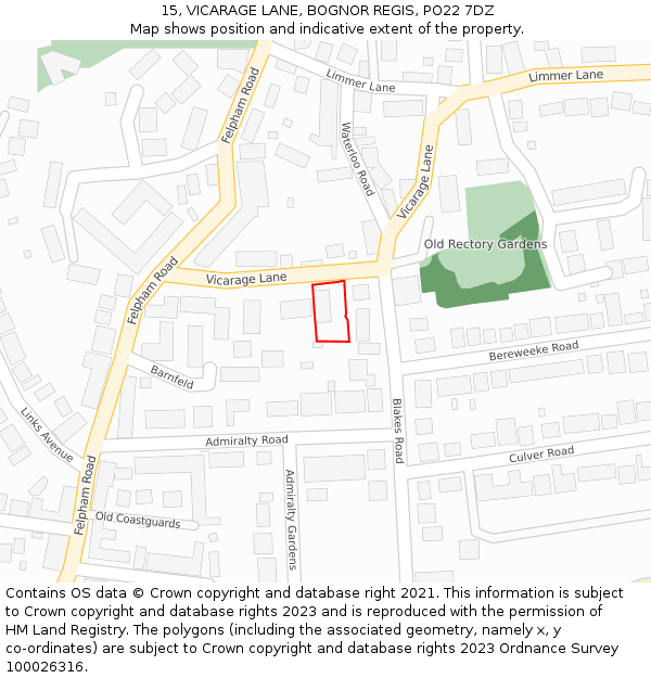 15, VICARAGE LANE, BOGNOR REGIS, PO22 7DZ: Location map and indicative extent of plot