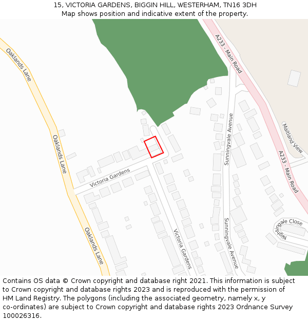 15, VICTORIA GARDENS, BIGGIN HILL, WESTERHAM, TN16 3DH: Location map and indicative extent of plot