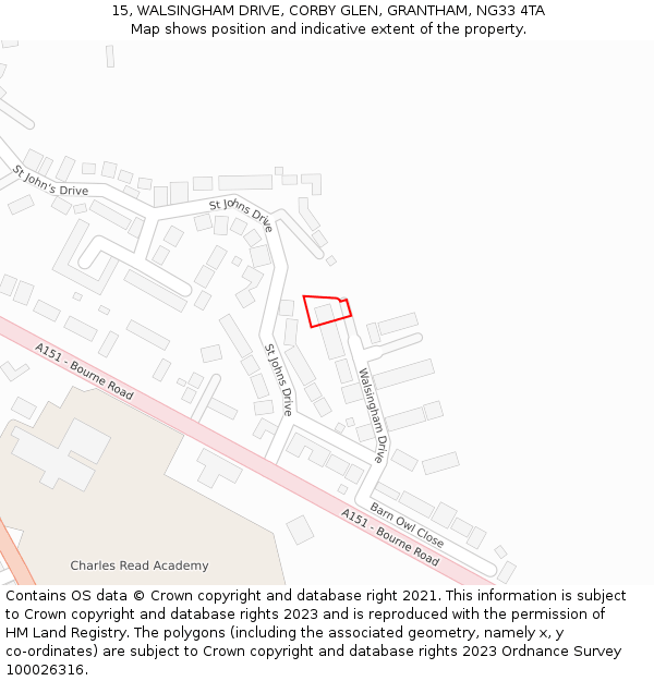 15, WALSINGHAM DRIVE, CORBY GLEN, GRANTHAM, NG33 4TA: Location map and indicative extent of plot