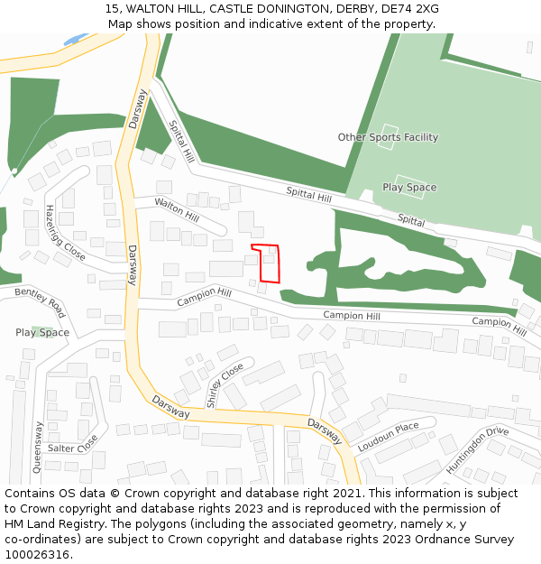 15, WALTON HILL, CASTLE DONINGTON, DERBY, DE74 2XG: Location map and indicative extent of plot